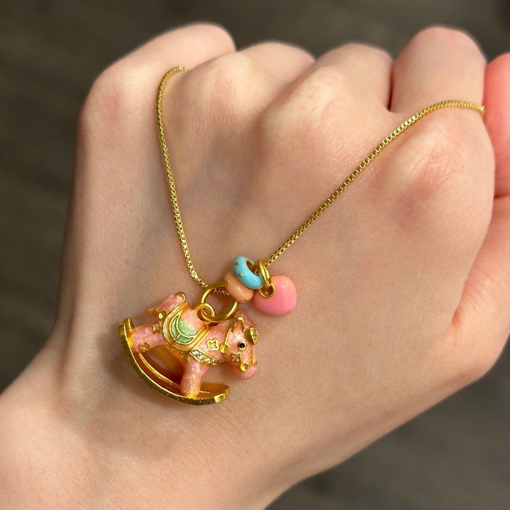 Gold and Pink Rocking Horse Pendant Necklace